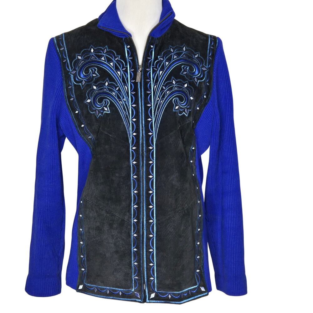 Bob Mackie Wearable Art Sweater Jacket Medium Black Blue Knit Suede Leather Zip